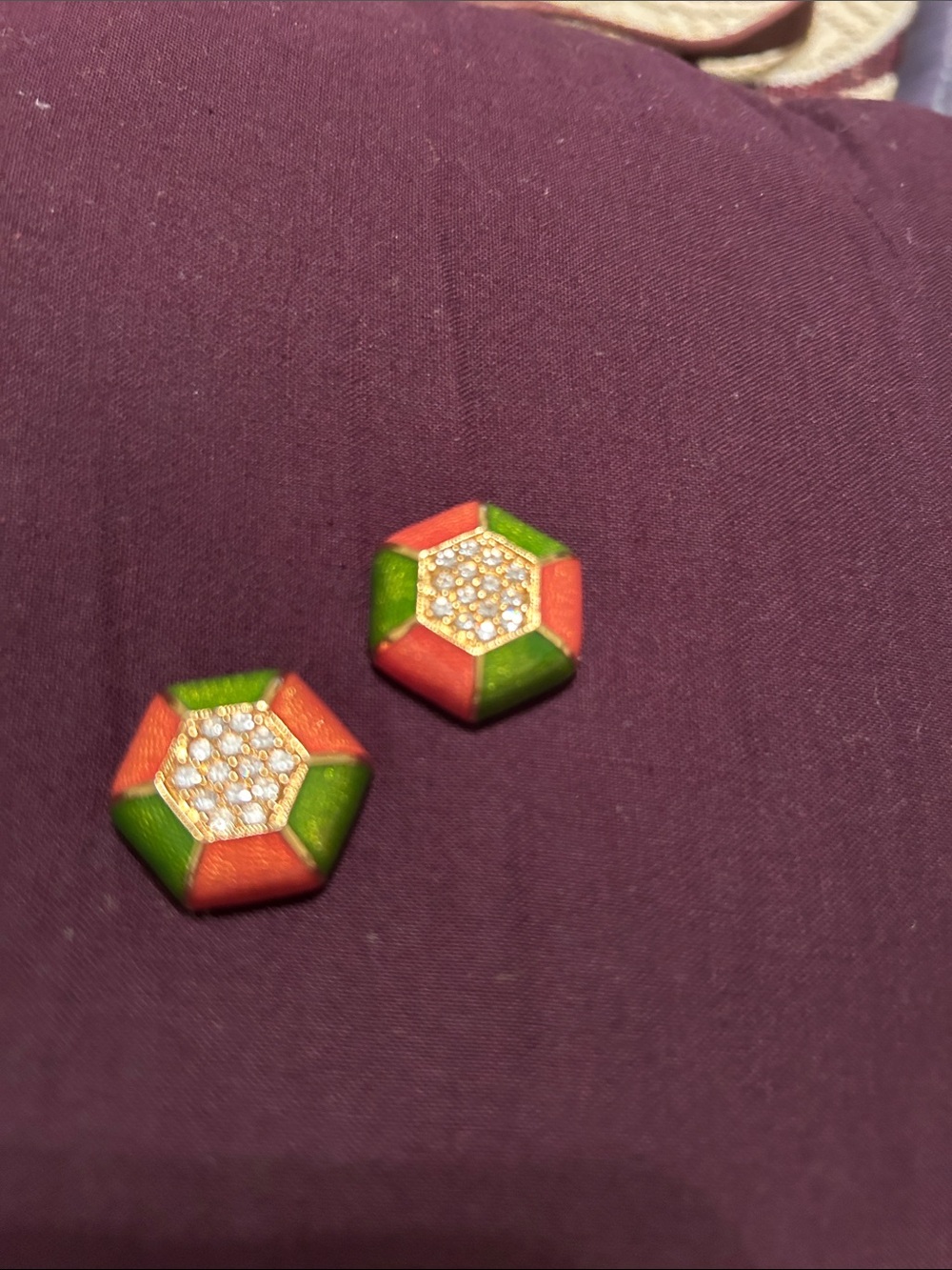 Gold Center Red and Green Hexagon Women’s Earrings